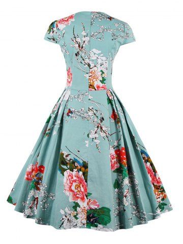 

Retro Sweetheart Neck Cap Sleeve Floral Print Flare Dress, Light blue