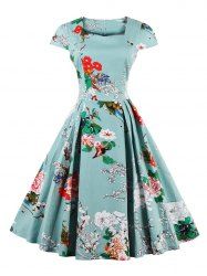 Retro Sweetheart Neck Cape Sleeve Floral Print Flare Dress -  