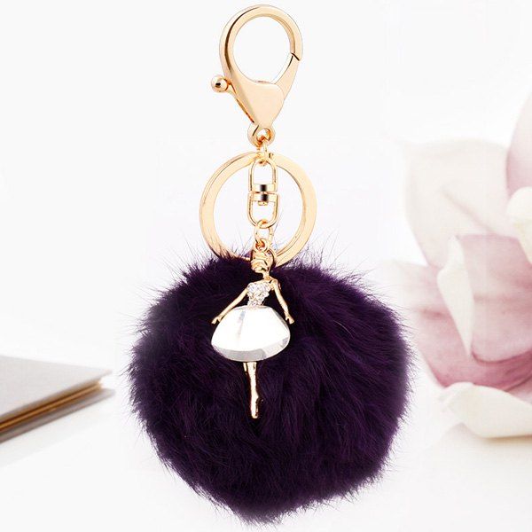 

Faux Fur Ball Dancing Girl Keyring, Deep purple