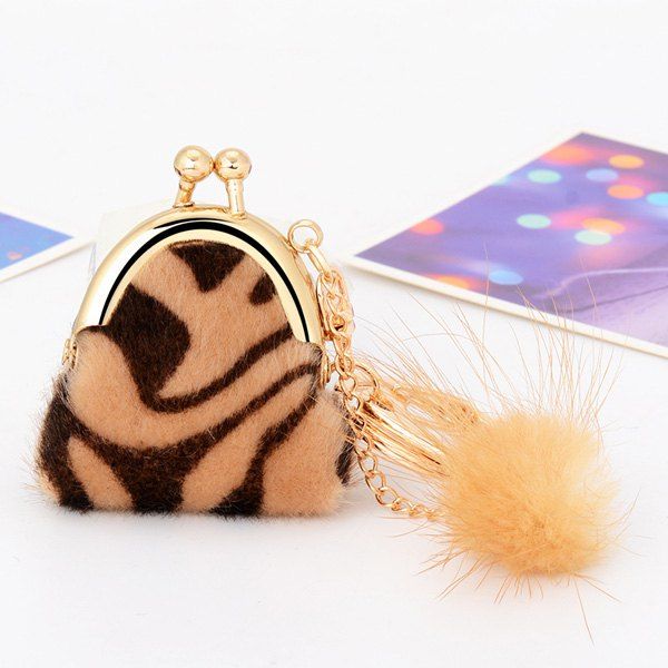 

Mini Bag Faux Fur Ball Leopard Print Keyring, Coffee