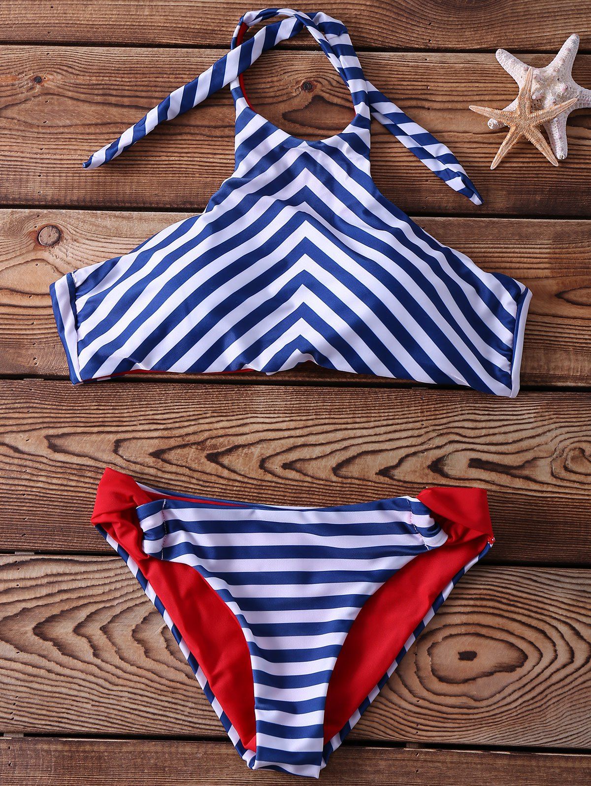 Blue S Halter Lace Up Striped Bikini Set Rosegal Com