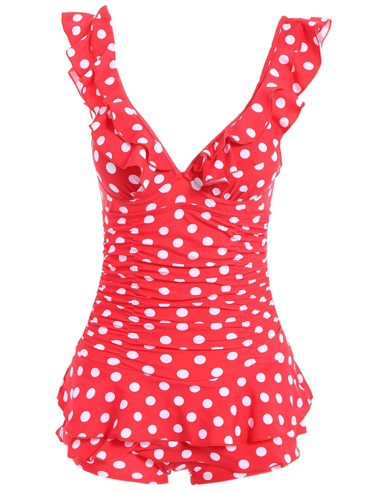 Red M Trendy Plunging Neckline Polka Dot Ruffled Onepiece Swimsuit For