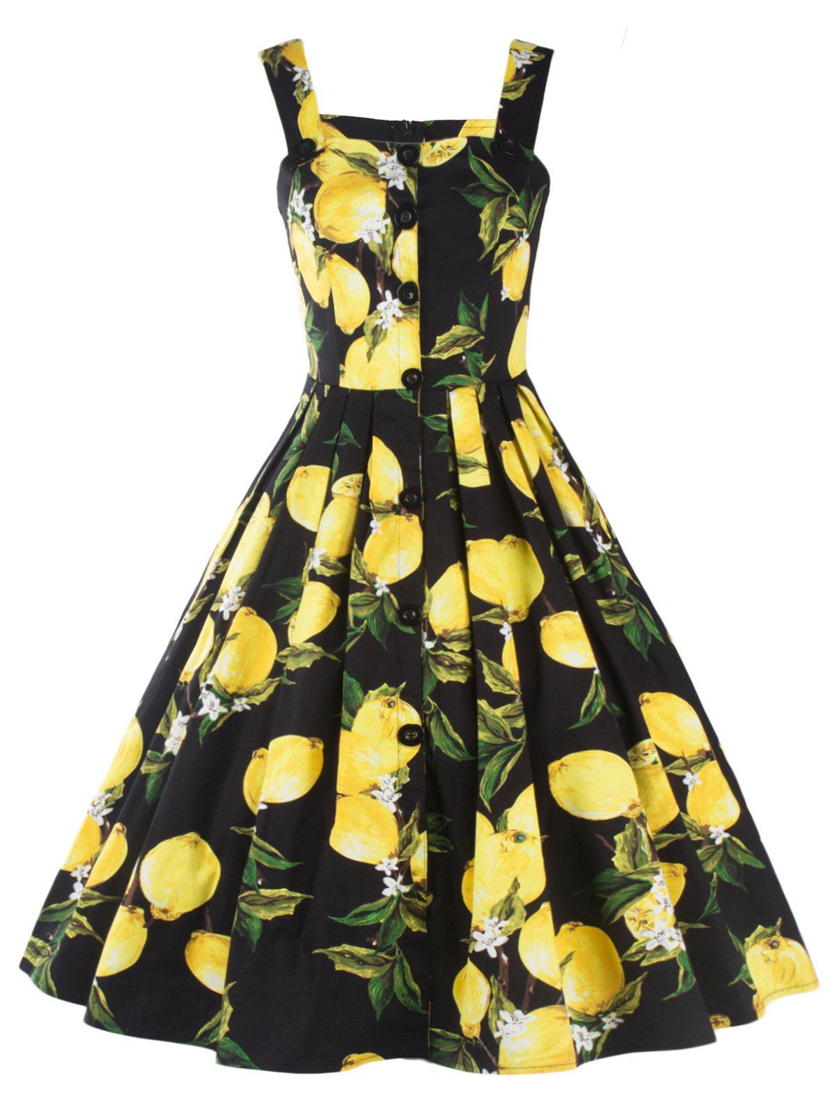 2019 vintage lemon print fit and flare dress