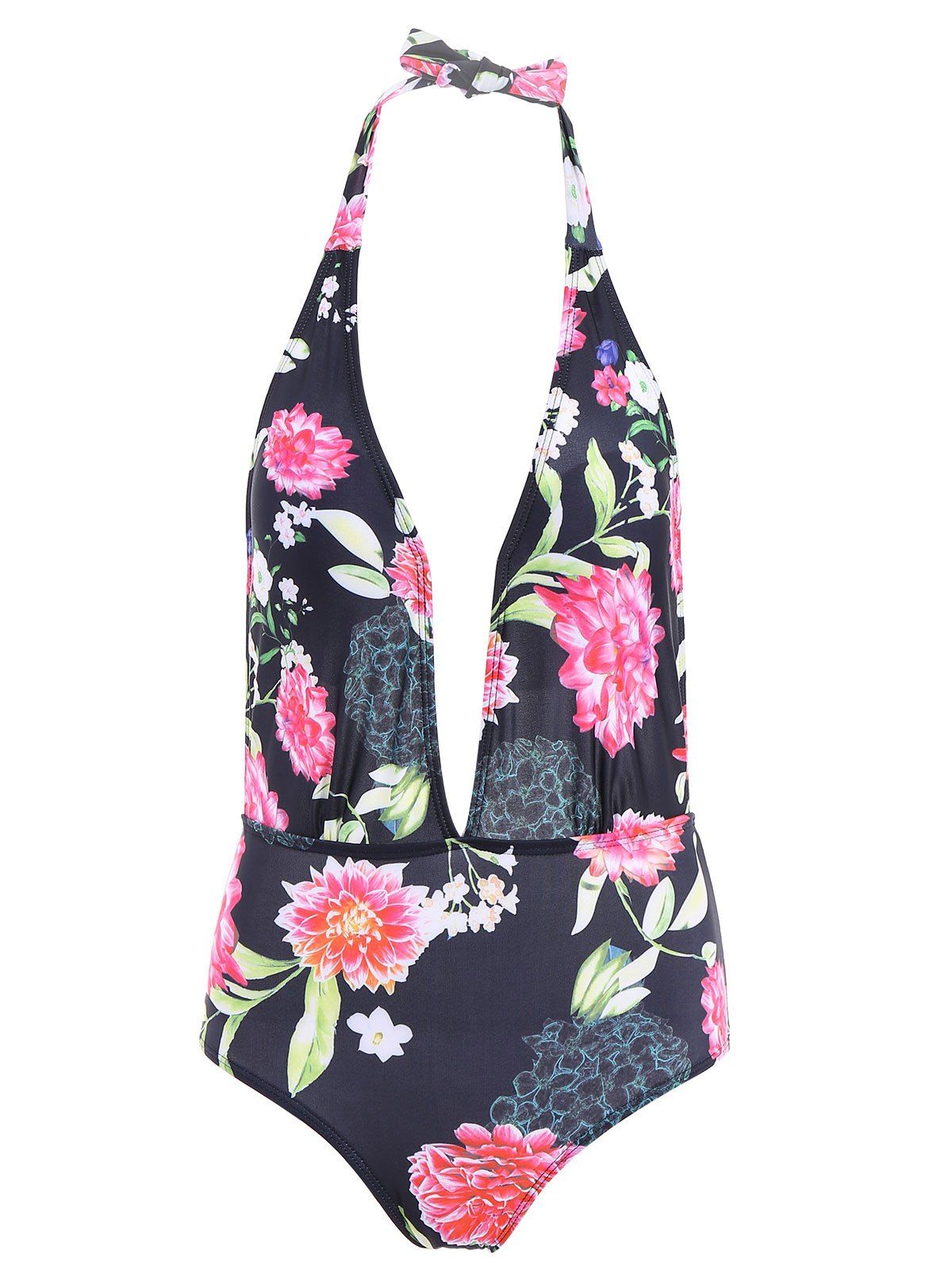 Black Xl Halter Low Cut Floral Print Onepiece Swimsuit