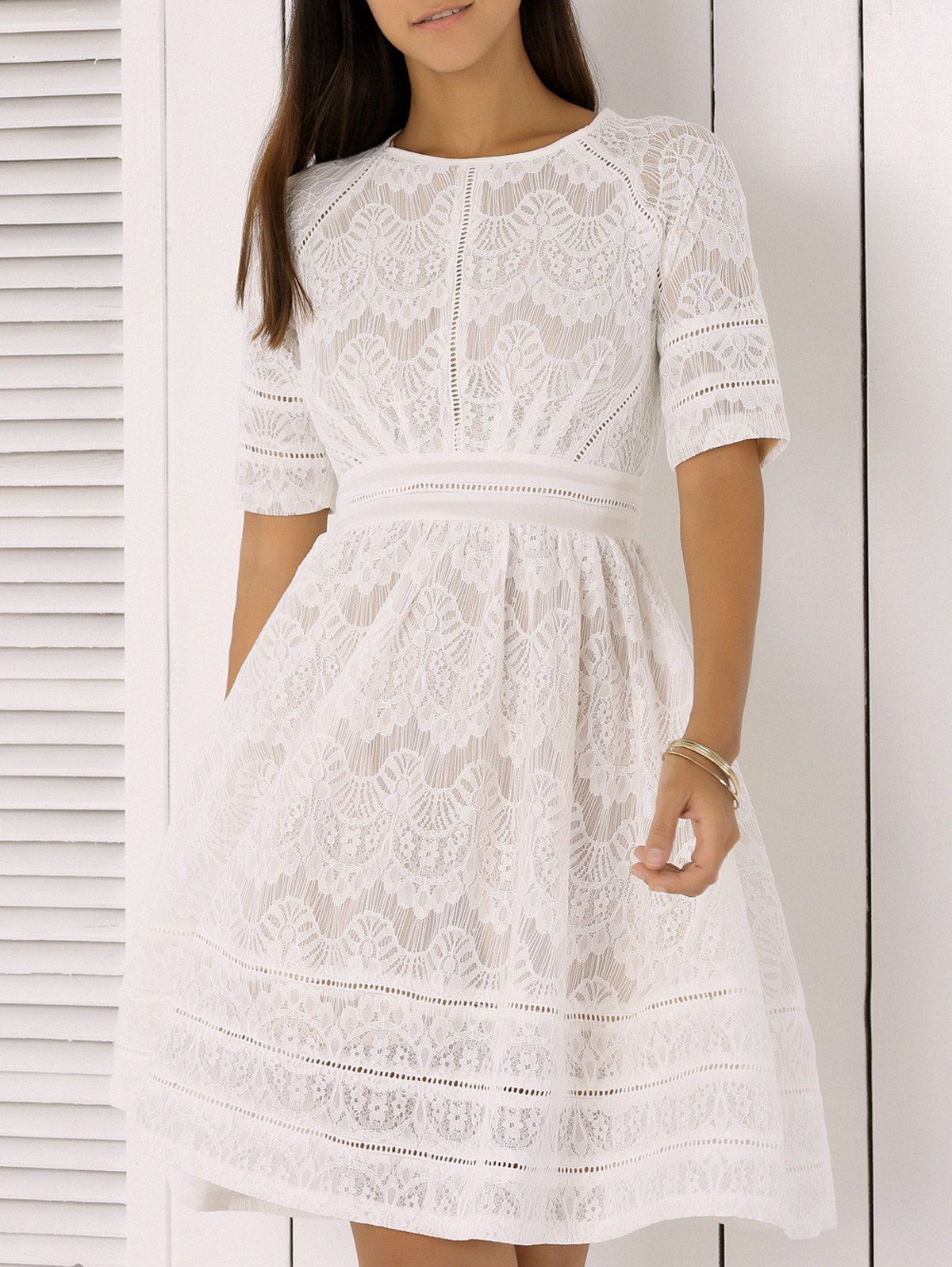 [26% OFF] Pure And Plain High-Waist Lace Skater Dress | Rosegal