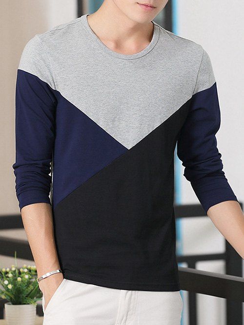 

Round Neck Long Sleeve Color Block Tee, Gray
