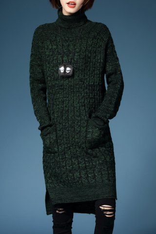 Chic Turtleneck Cable Knit Long Sleeve Sweater Dress ARMY GREEN ONE SIZE(FIT SIZE XS TO M)