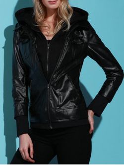 Flap Pockets Hooded Faux Leather Jacket - BLACK - S