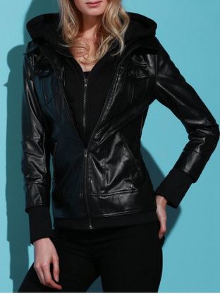 Flap Pockets Hooded Faux Leather Jacket