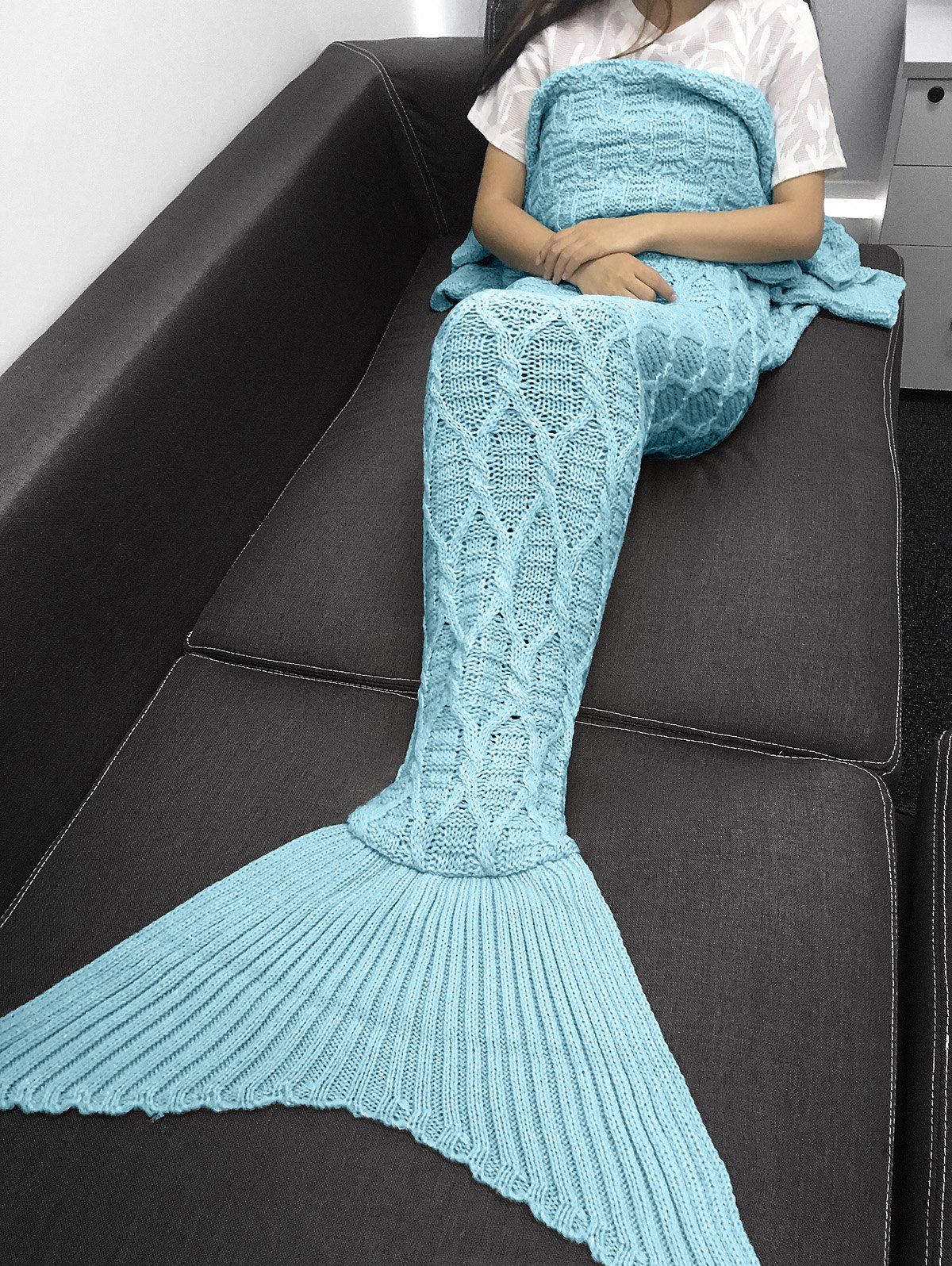 Couverture Queue de Sirène Style Simple Tricotée au Crochet Couleur Unie Motif Géométrique Bleu clair 
