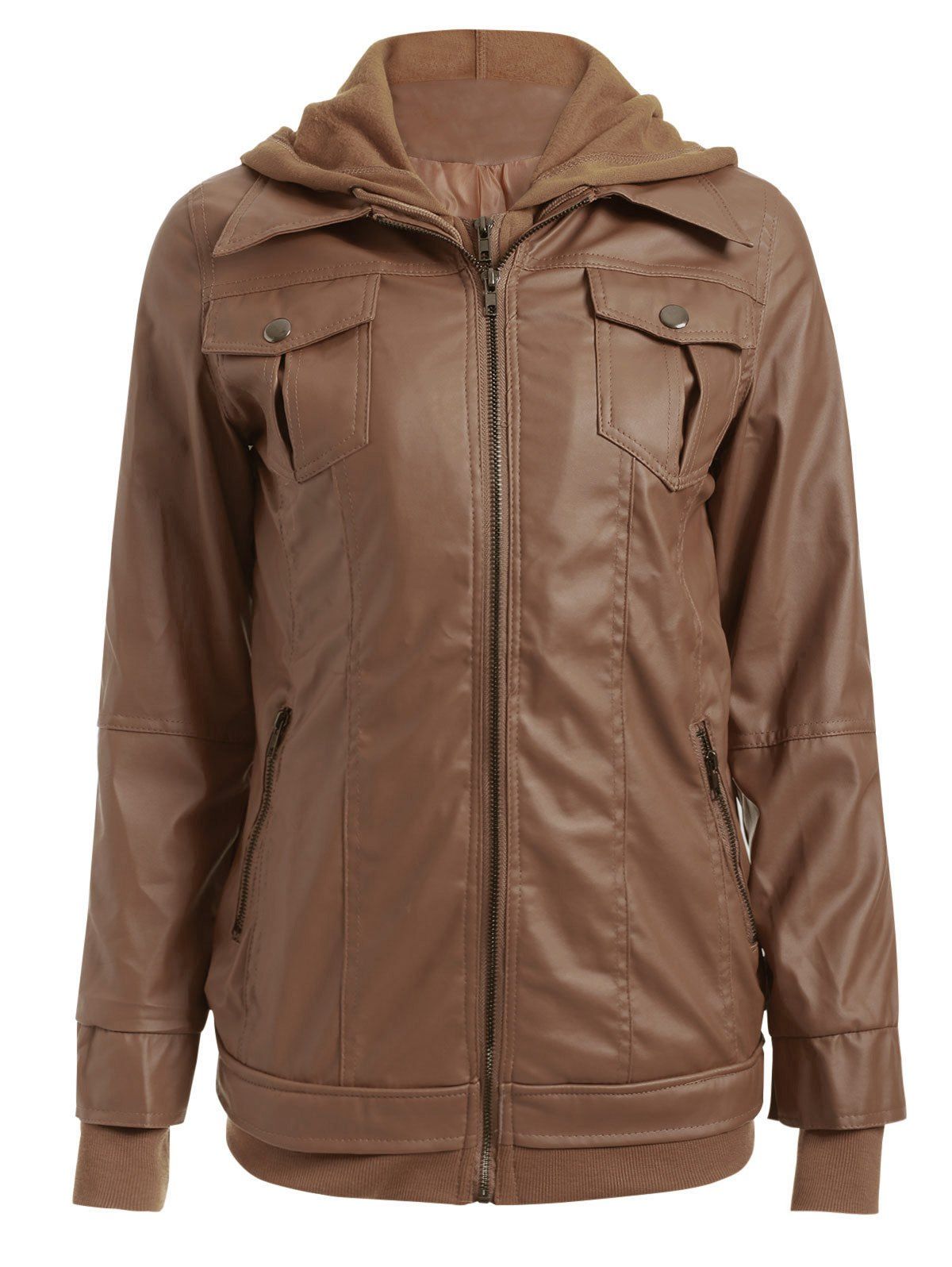

Flap Pockets Hooded Faux Leather Jacket, Bronze-colored