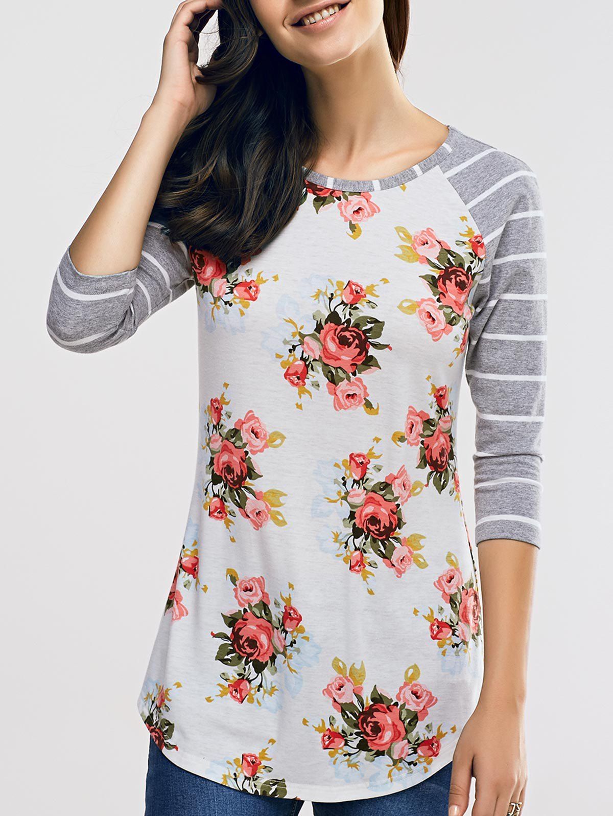 [43 OFF] Raglan Sleeve Casual Floral And Striped TShirt Rosegal