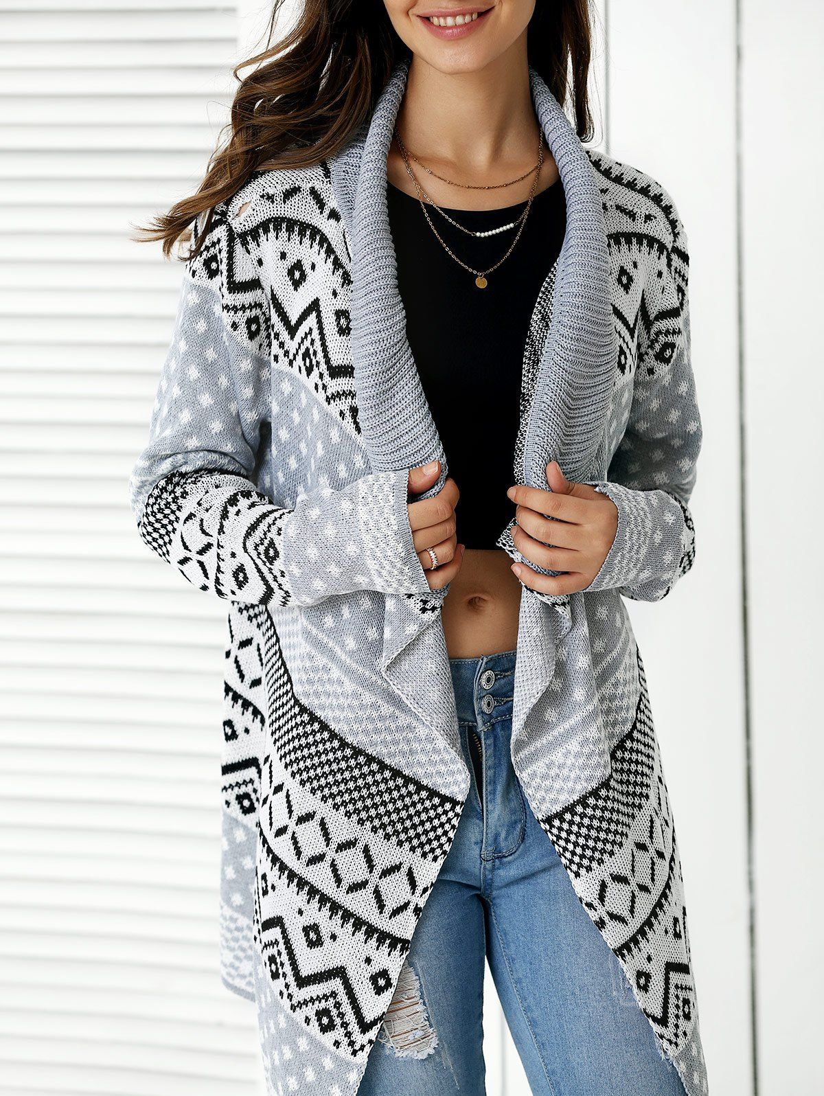 Gray One Size Stylish Geometric Pattern Asymmetrical Cardigan For Women