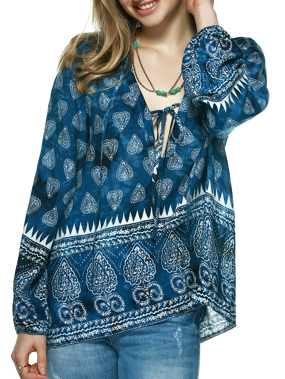 [39% OFF] Elegant Plunging Neck Tribal Print Blouse | Rosegal