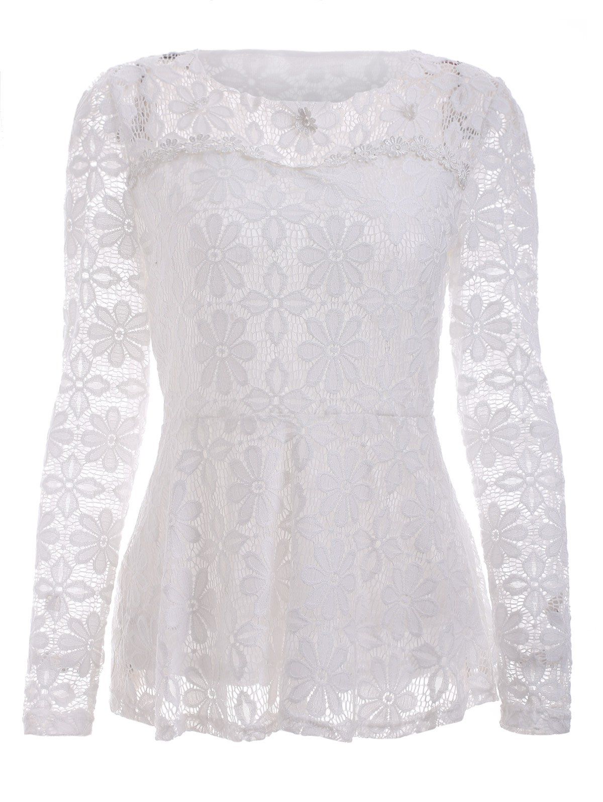 White 3xl Trendy Long Sleeve Floral Embroidered White Lace Blouse
