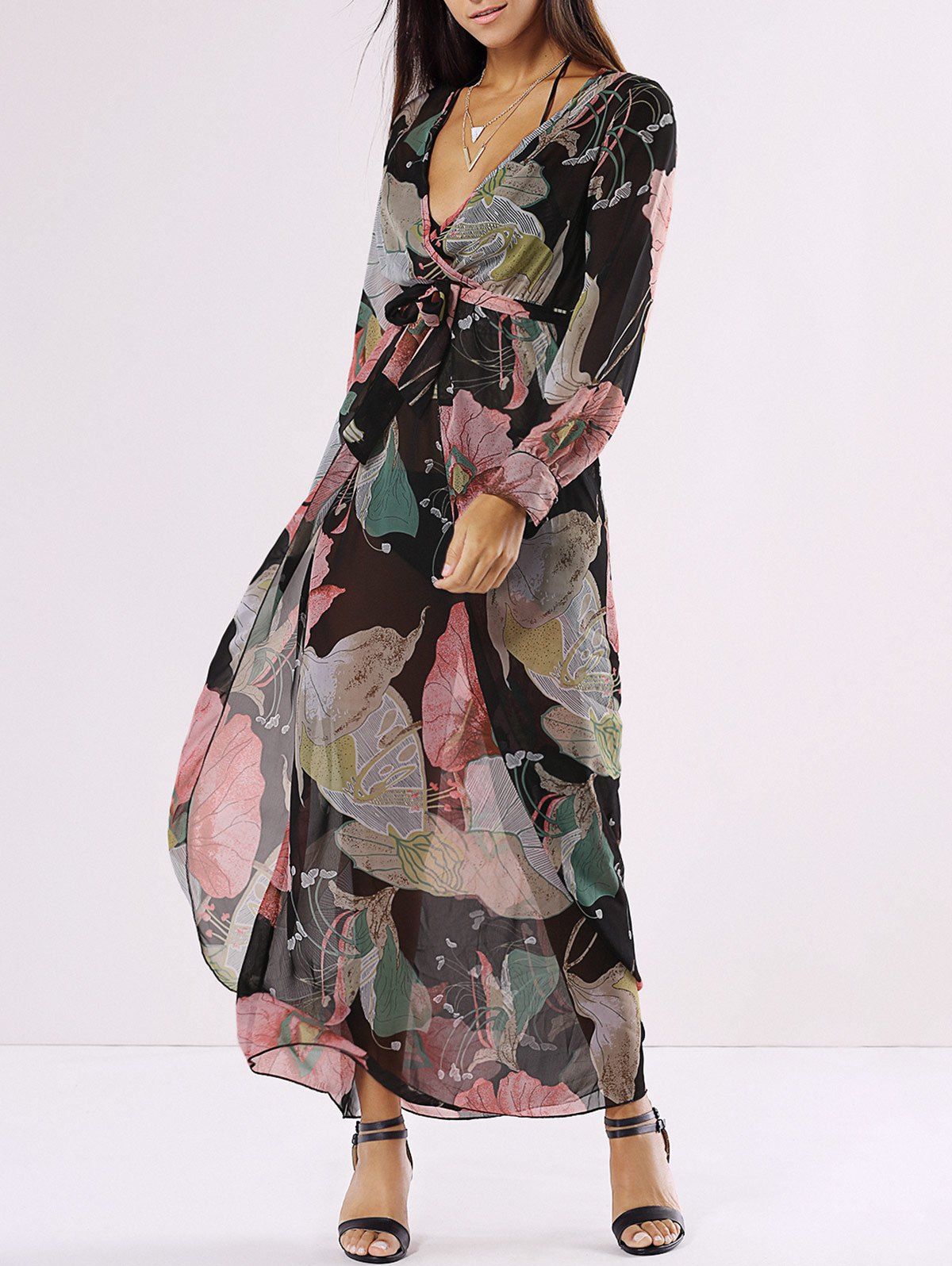 Black Xl Chiffon Floral Long Sleeve Plunge Wrap Flowy Dress 