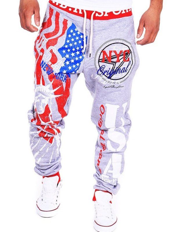 

Beam Feet American Flag Statue of Liberty Letters Print Hit Color Lace-Up Men's Loose Fit Sweatpants, Light gray