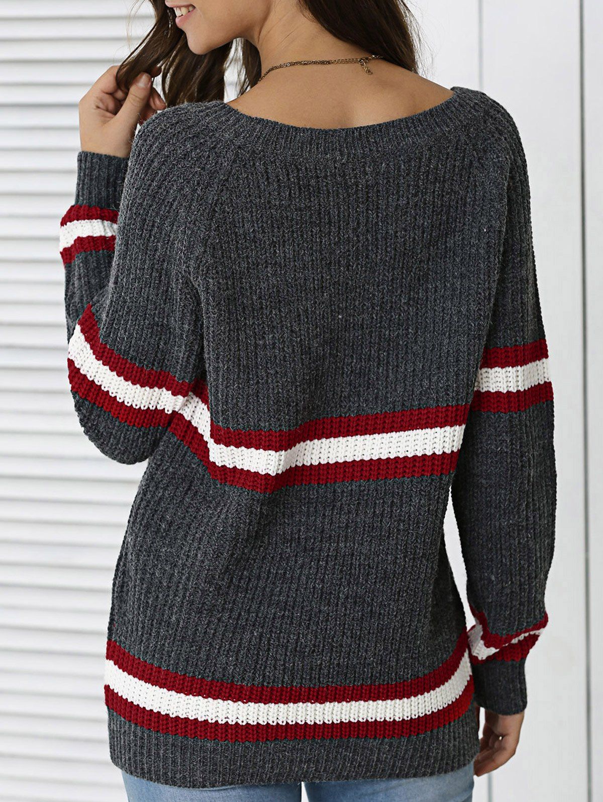 Deep Gray One Size Striped Hit  Color Pullover Sweater  