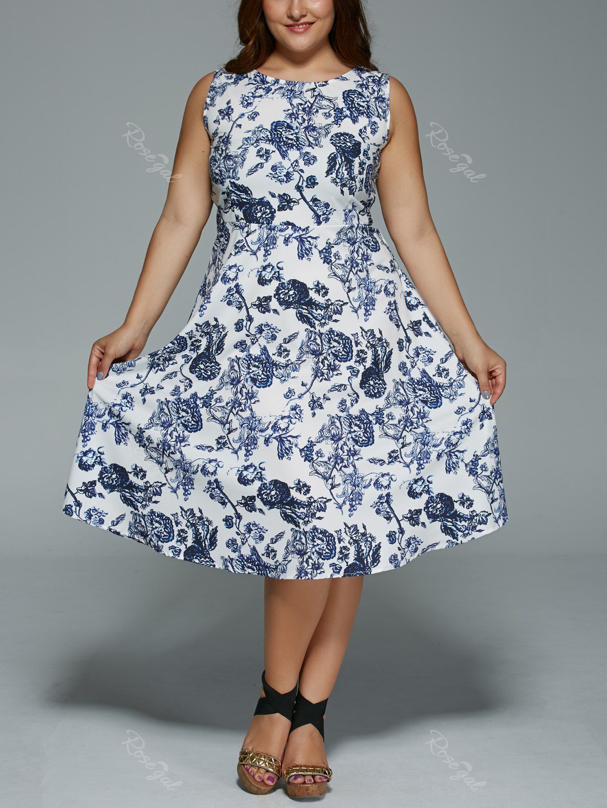 [51% OFF] Plus Size Floral Print Sleeveless Tea Length Dress | Rosegal