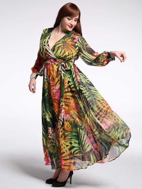 Off Plus Size Plunging Neck Floral Hawaiian Beach Maxi Dress