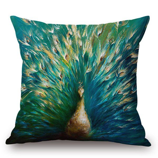 

Doodle Unfolded Tail Peacock Printed Pillow Case, Green