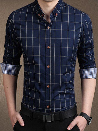 

Plaid Long Sleeve Button-Down Shirt, Purplish blue