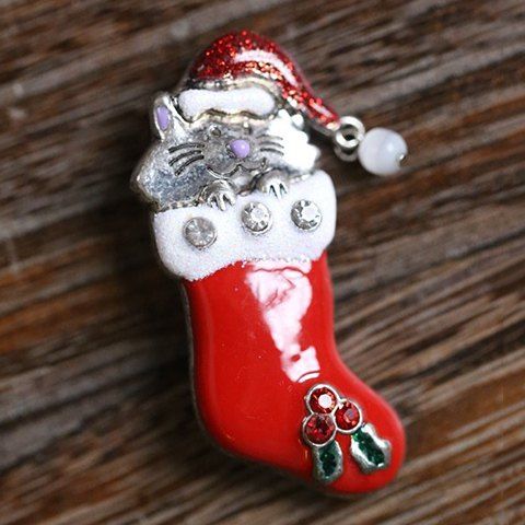 

Cute Rhinestone Christmas Hat Cat Christmas Stocking Brooch, Red