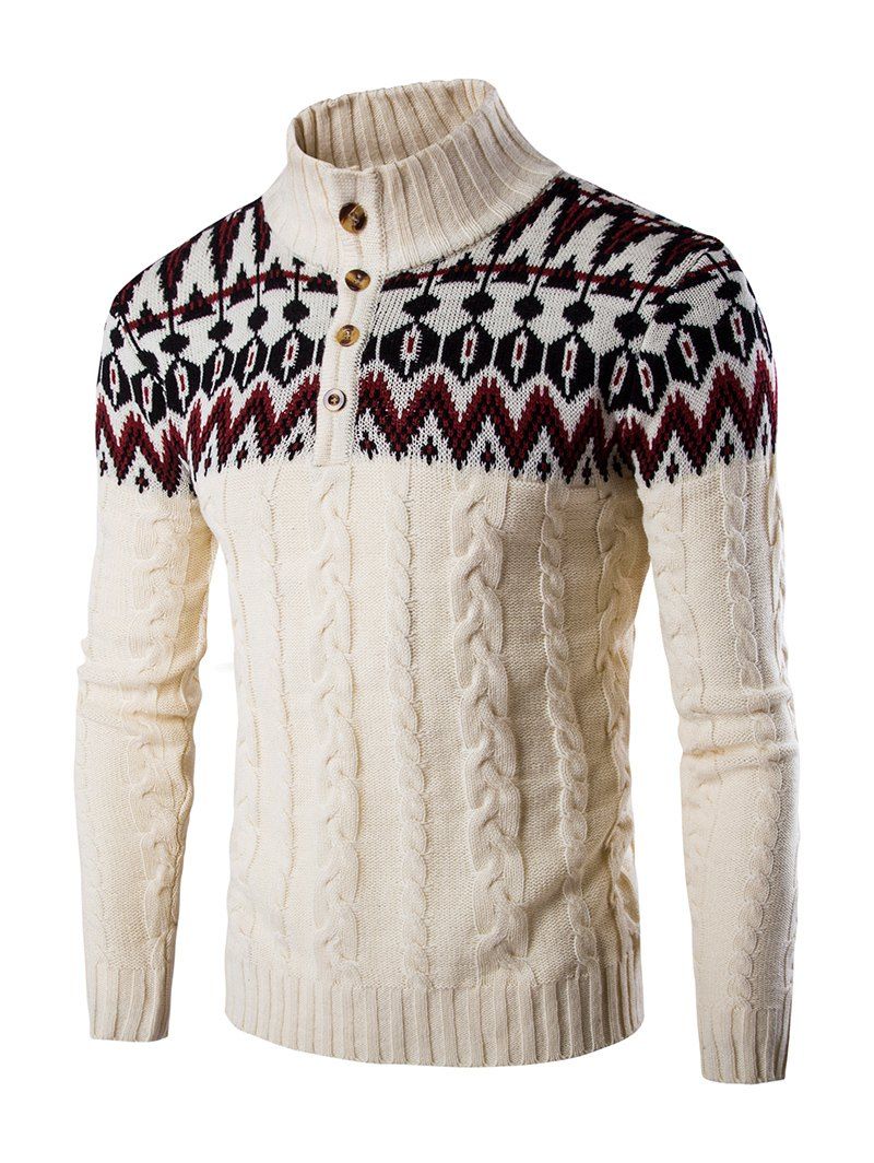 

Stand Collar Geometric Design Sweater Coat, Beige