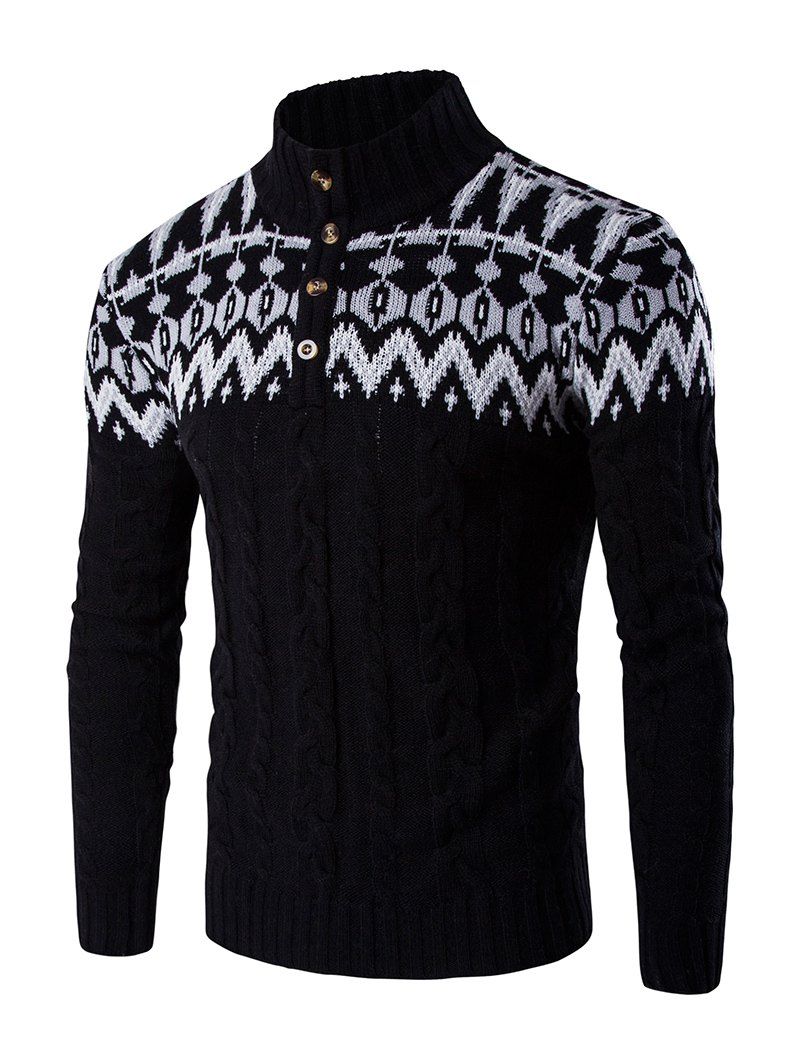 

Stand Collar Geometric Design Sweater Coat, Black
