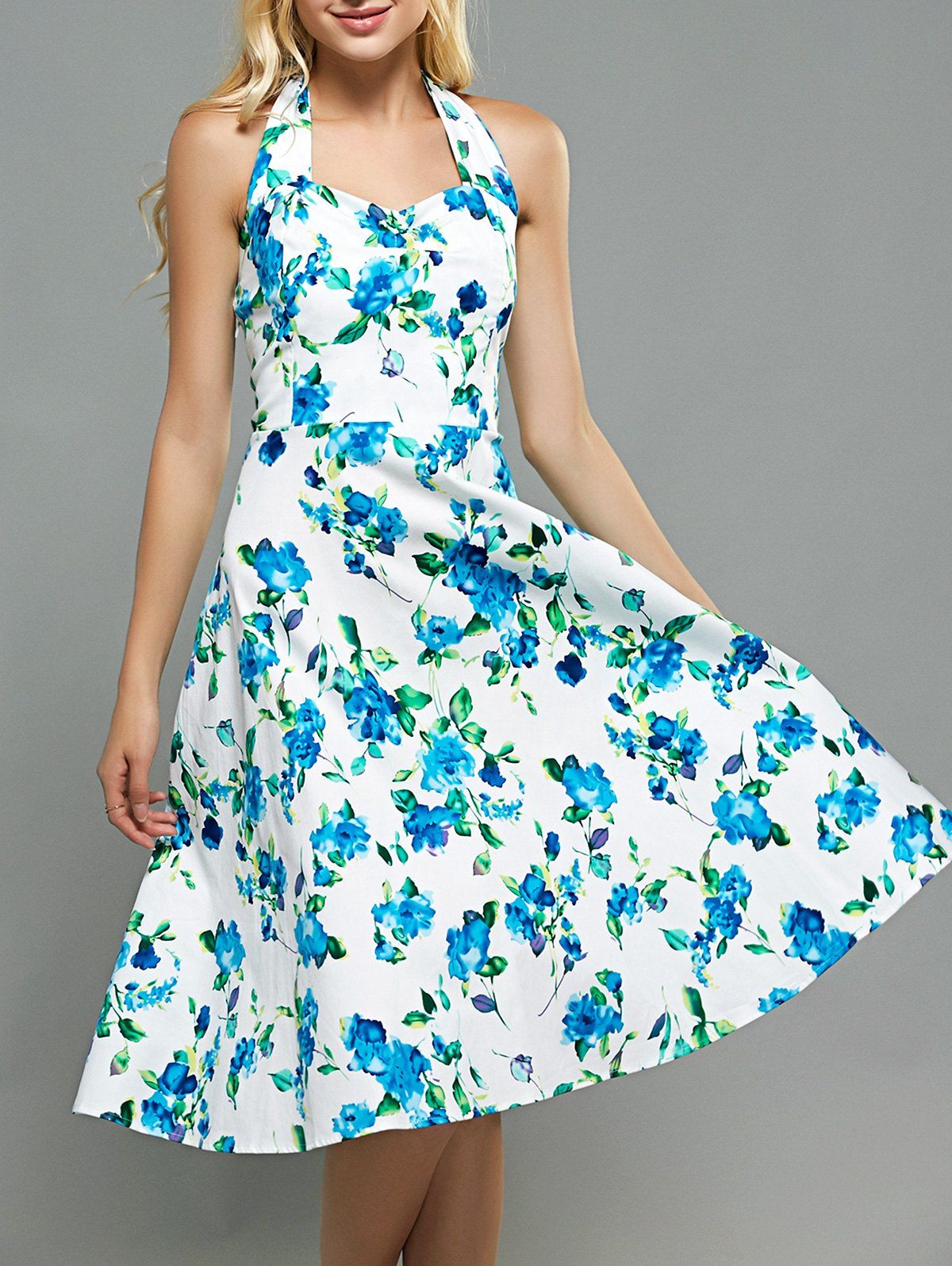 53 Off Floral Print A Line Halter Neck Dress Rosegal