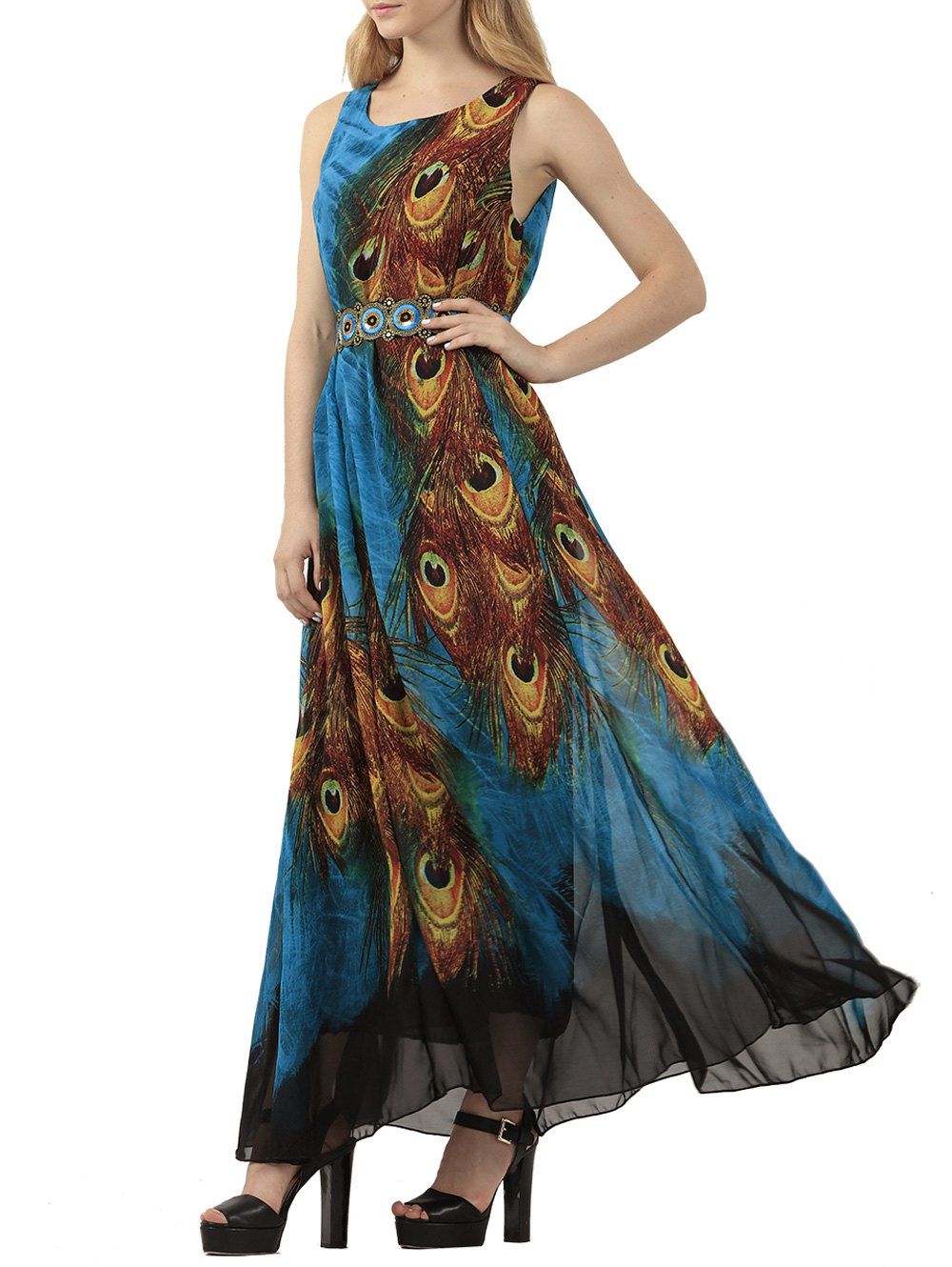 

Bohemian Tie-Dye Peacock Leather Print Maxi Dress, Peacock blue