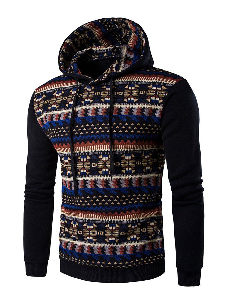 Black M Ethnic Style Printed Long Sleeves Hoodie | RoseGal.com