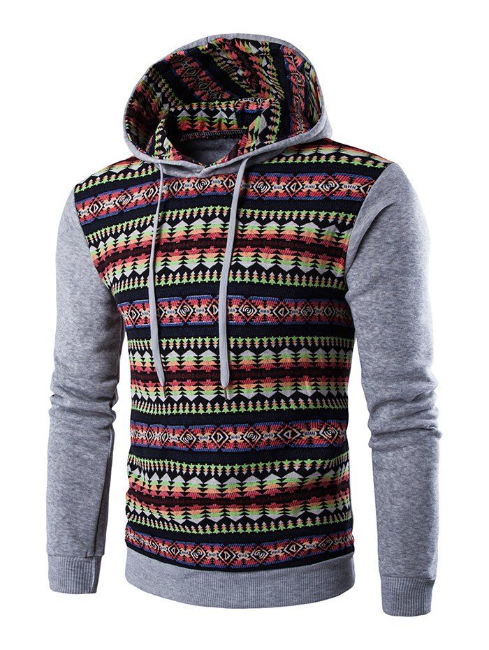 

Ethnic Style Stripe Printed Hoodie, Light gray