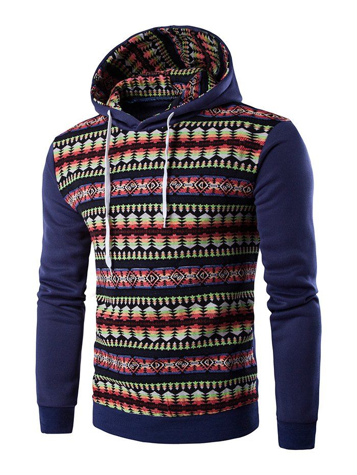 

Ethnic Style Stripe Printed Hoodie, Denim blue