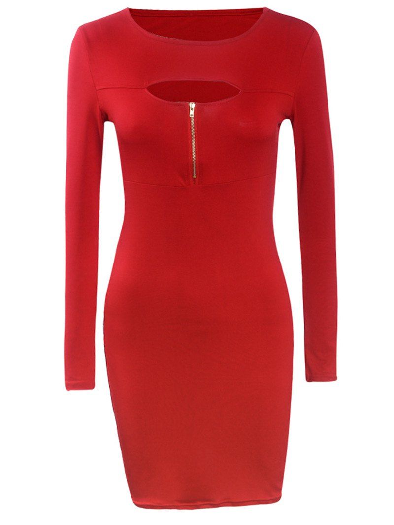 [44 OFF] Long Sleeve Tight Front Cutout Zipper Bodycon Dress Rosegal
