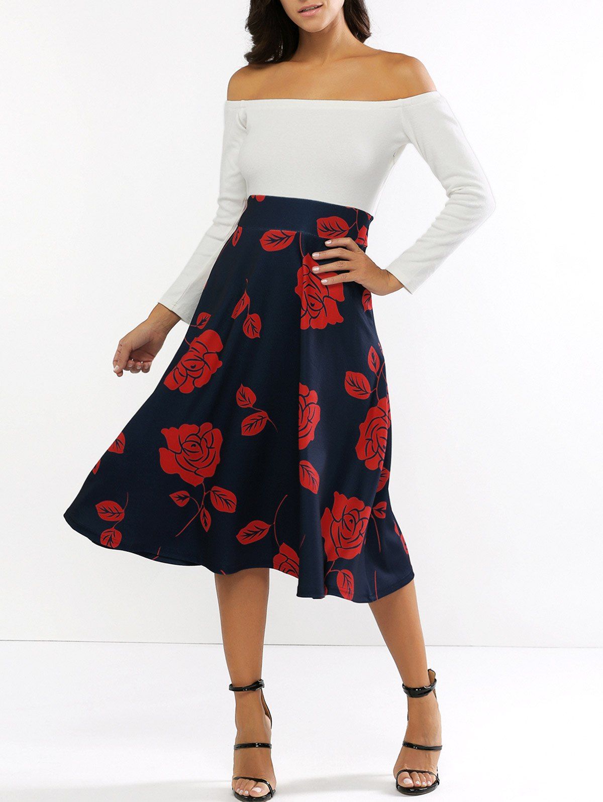 [25% OFF] Long Sleeve Off The Shoulder Floral Print Midi Dress | Rosegal