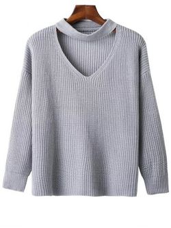 Drop Shoulder Sleeve Choker Sweater - GRAY - ONE SIZE
