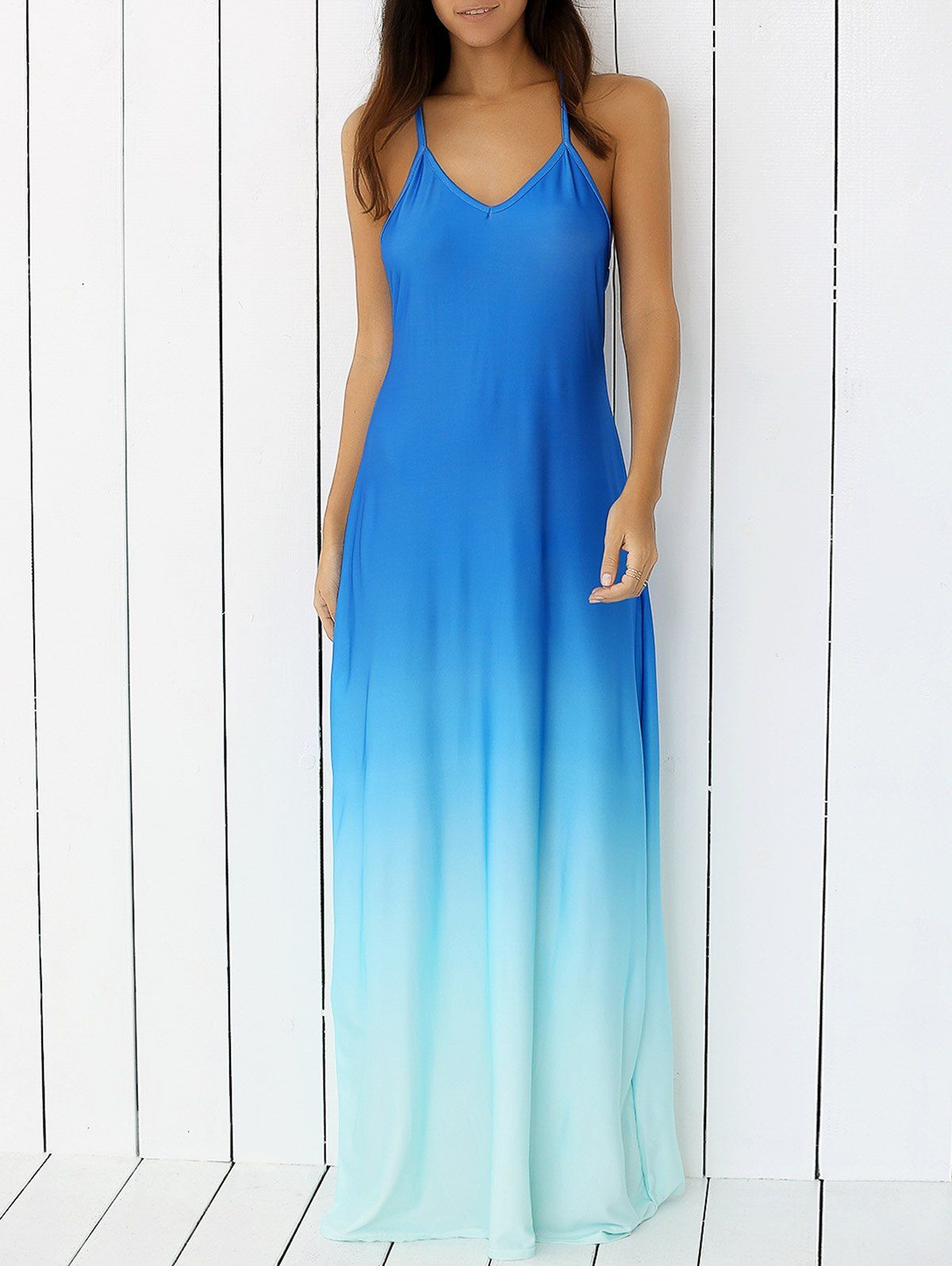 

Ombre Backless Slip Trapeze Maxi Dress, Blue