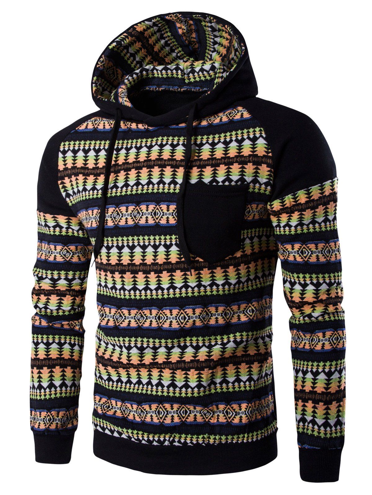 [50% OFF] Color Block Tribal Print Pocket Hooded Raglan Sleeve Hoodie ...