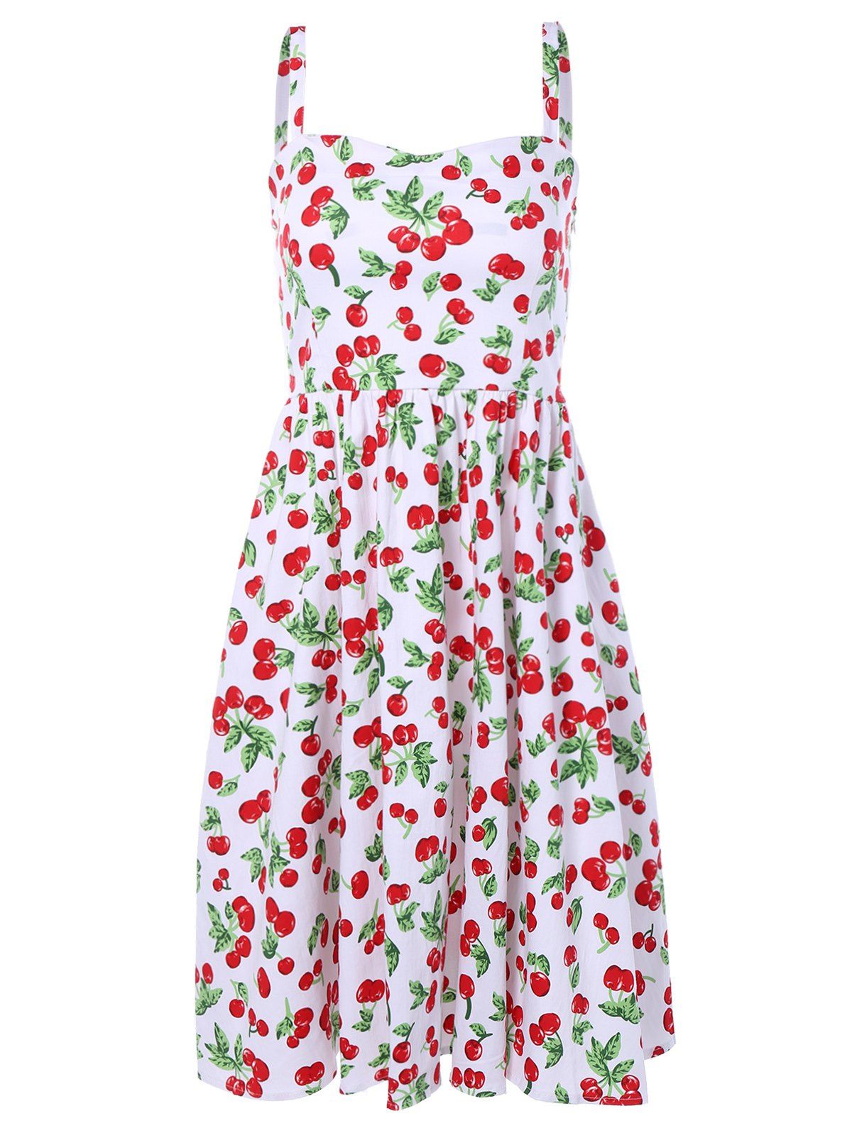 [49 OFF] Cherry Print Spaghetti Strap Flare Dress Rosegal