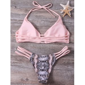 Pink S Spaghetti Straps Printed Bikini Set Rosegal Com