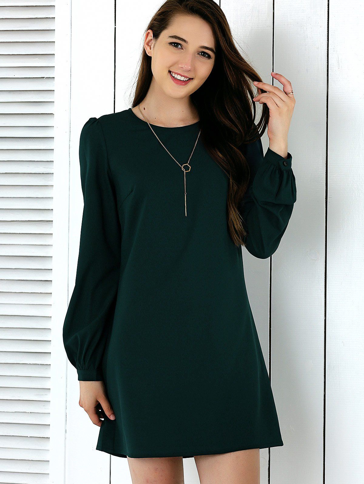 

Brief Lantern Sleeve Pure Color Dress, Blackish green