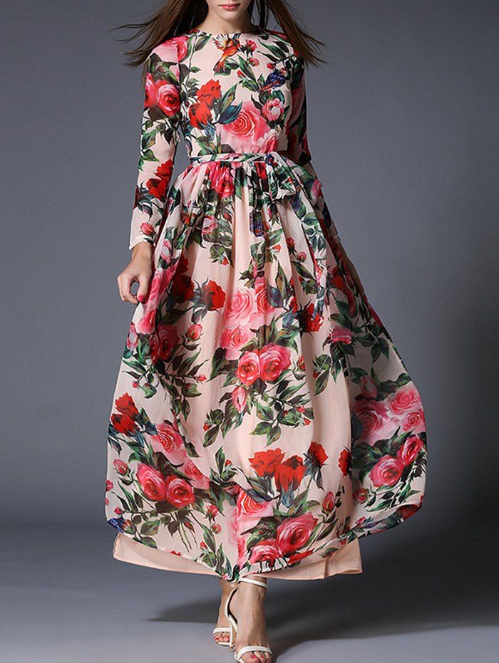 [19% OFF] Blossom Print Tied-Up Maxi Chiffon Dress | Rosegal