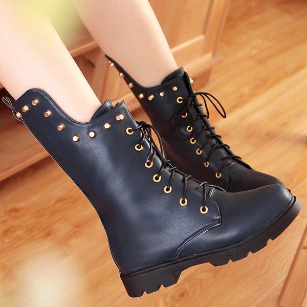 lace up mid calf flat boots