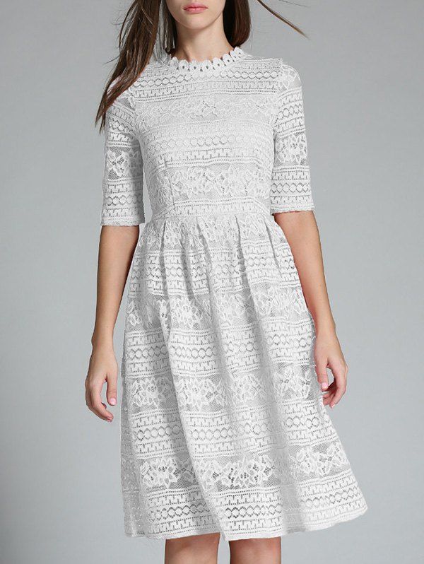 2018 Crochet Openwork Lace High Waist Flare Dress In White S