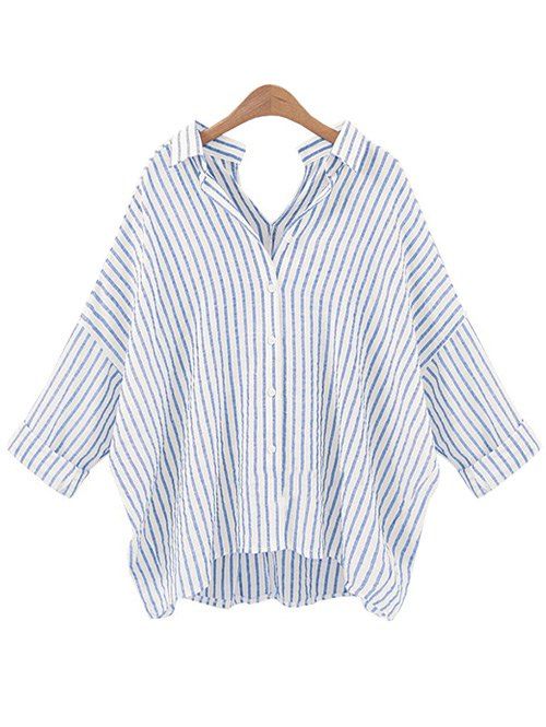 [36% OFF] Stripe Back And Front V-Shape Baggy Shirt | Rosegal