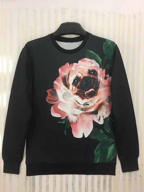 

Round Neck 3D Funny Dog in Flower Print Long Sleeve Sweatshirt, Black