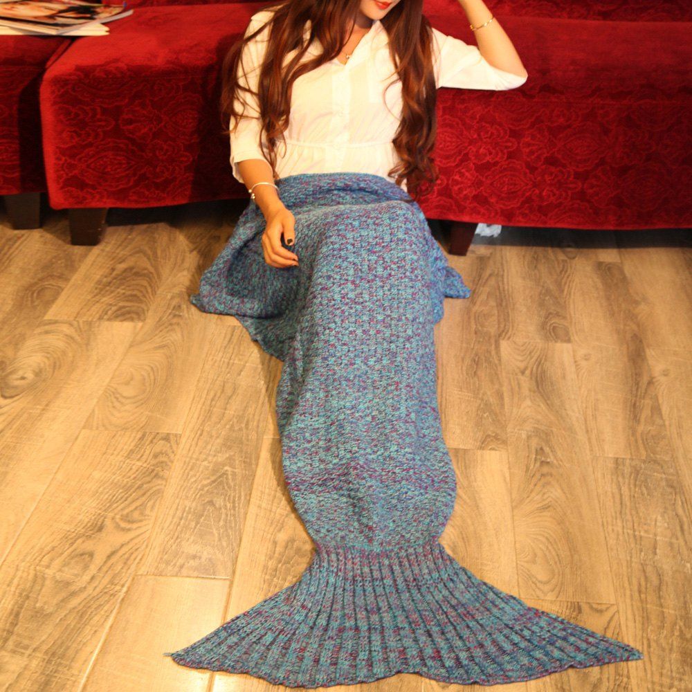 

Braided Decor Knitting Mermaid Tail Style Soft Blanket, Lake blue