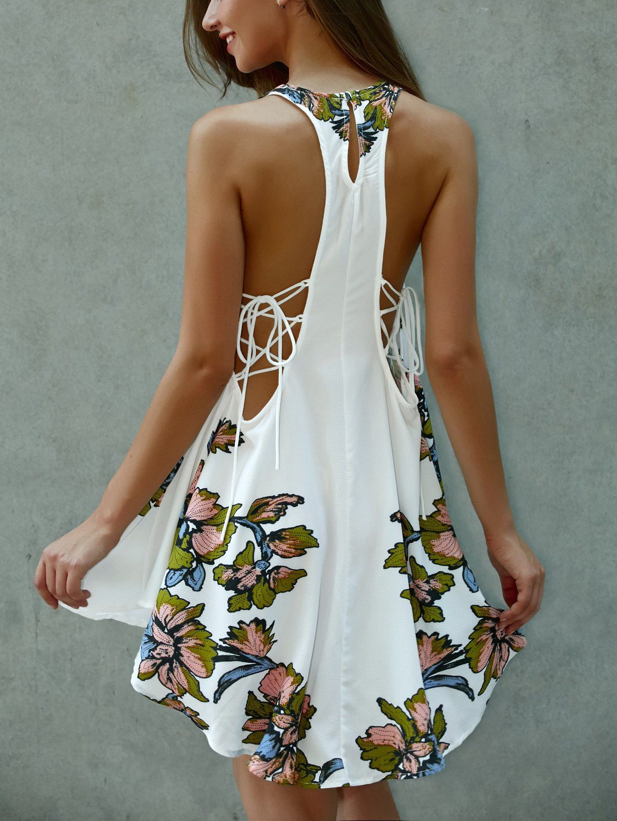 Hot Lace-Up Asymmetrical Cut Out Floral Dress  
