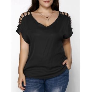 

Plus Size V Neck Ripped Sleeve Tee, Black